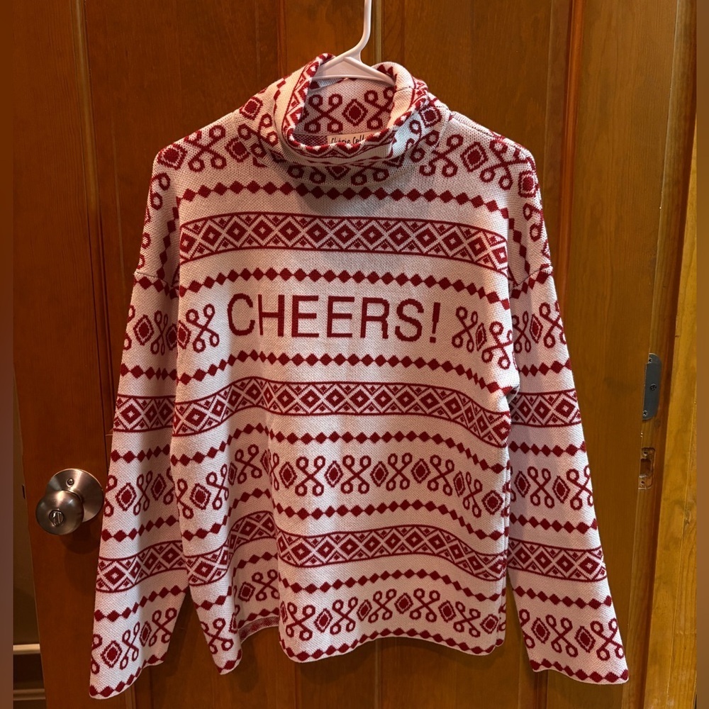 Cherie Collette Cheers Holiday Festive Printed Turtle Neck Sweater Size M